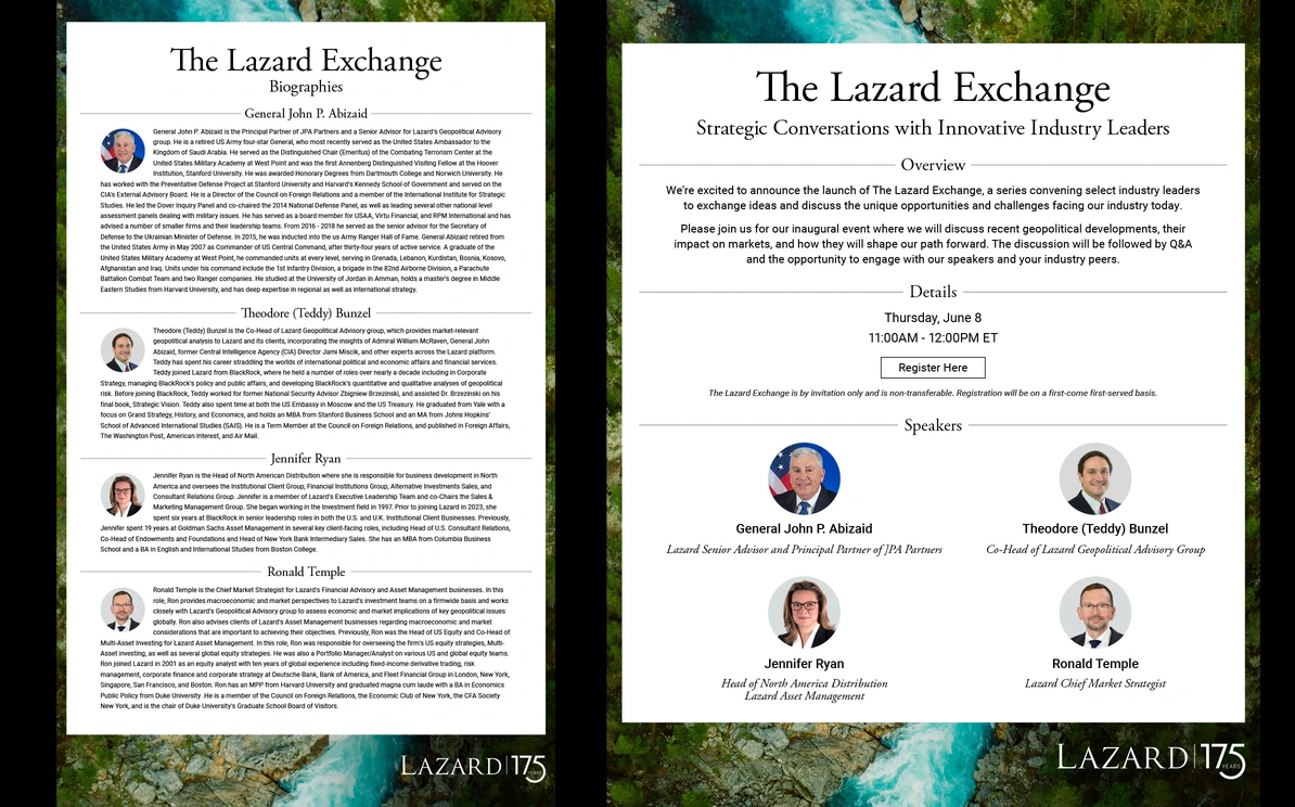 The Lazard Exchange invitation and biographies