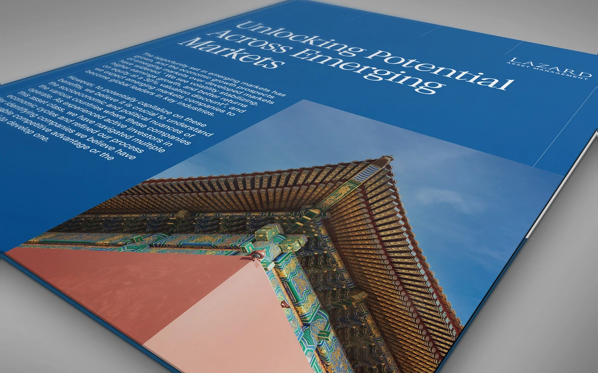 Emerging markets paper cover with display type over architectural photography